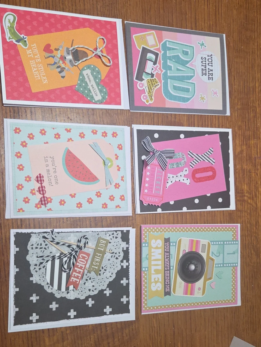 Cute 6 Assorted Handmade Greeting Card Set — Pink, Teal, Black, Coral